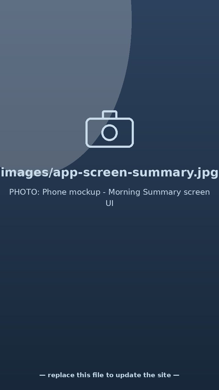 Phone mockup — Morning Summary screen UI