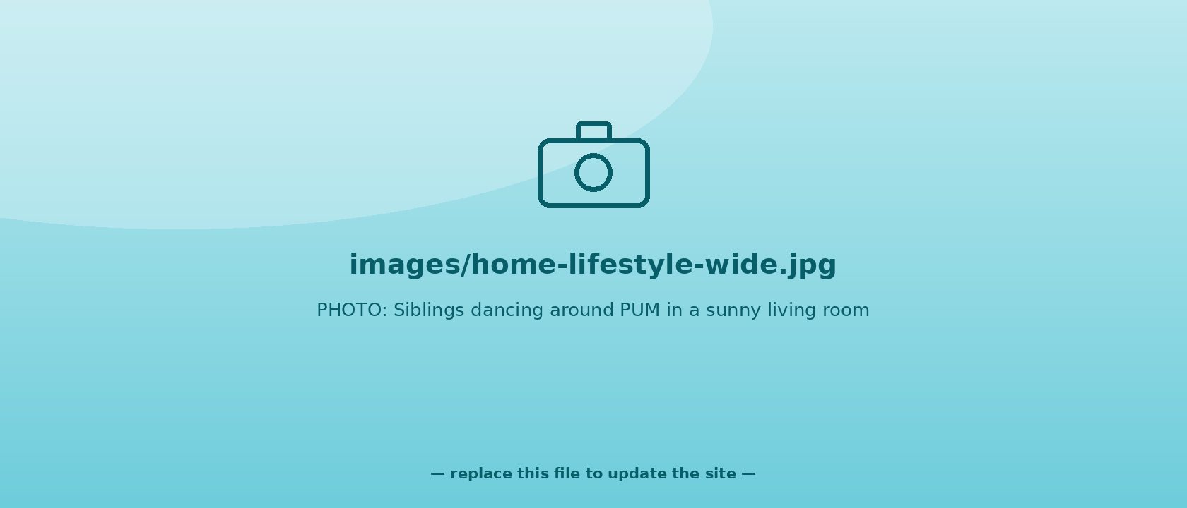 Wide, joyful shot: siblings dancing around PUM in a sunny living room, parent laughing in the background