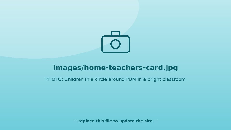 Children gathered in a circle around PUM in a bright classroom