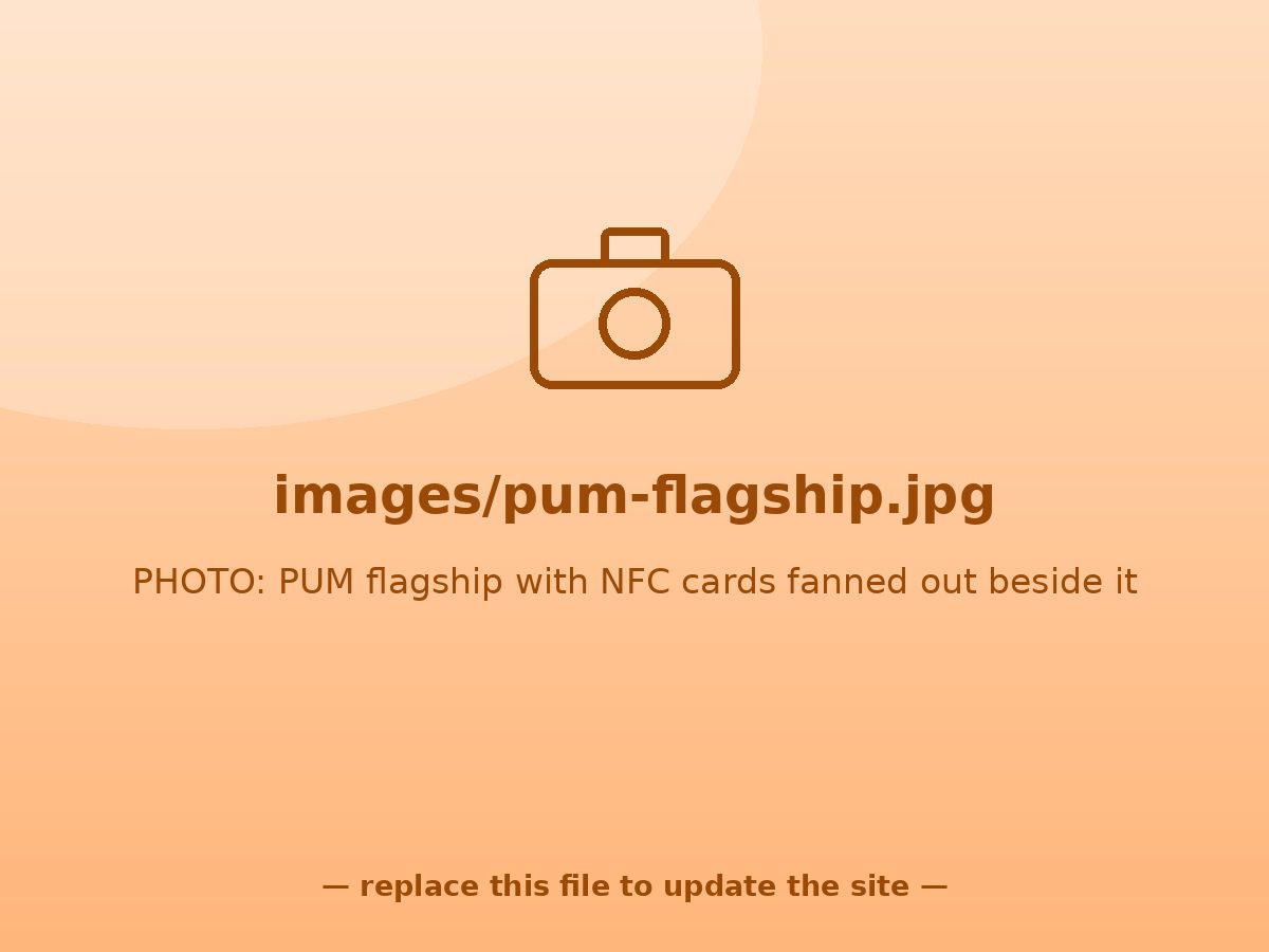 PUM — flagship device with NFC cards fanned out beside it