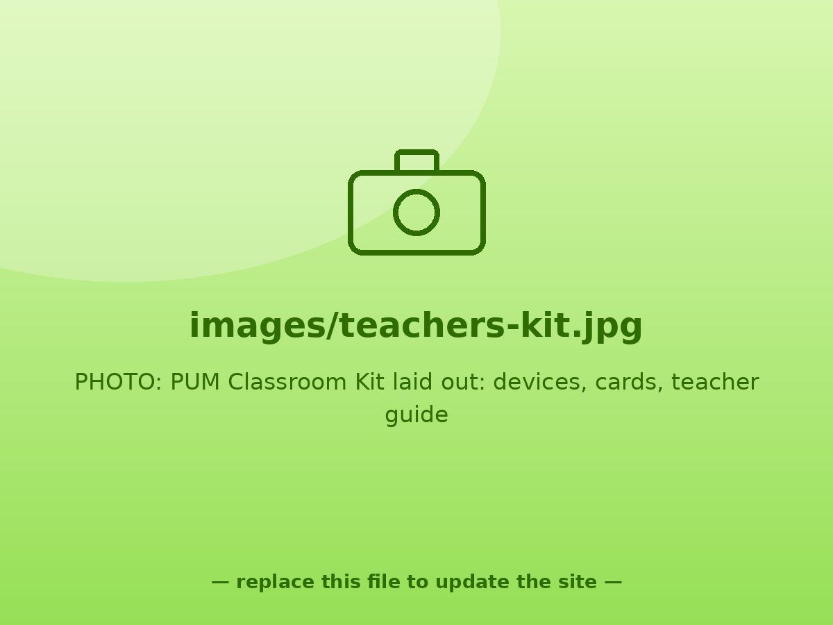 The PUM Classroom Kit laid out: devices, card library, teacher guide — colourful and organised